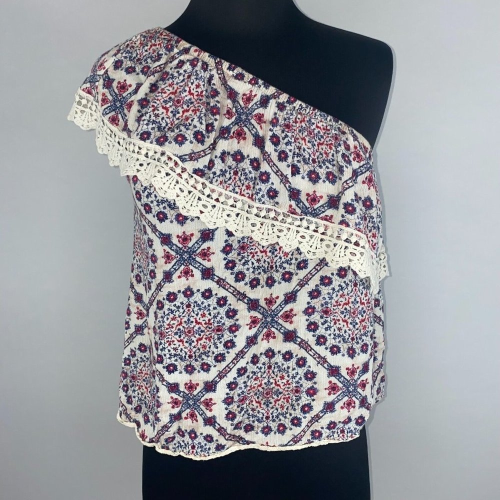 Rewind Juniors M Floral One Shoulder Crochet Trim Cropped Top Boho Festival